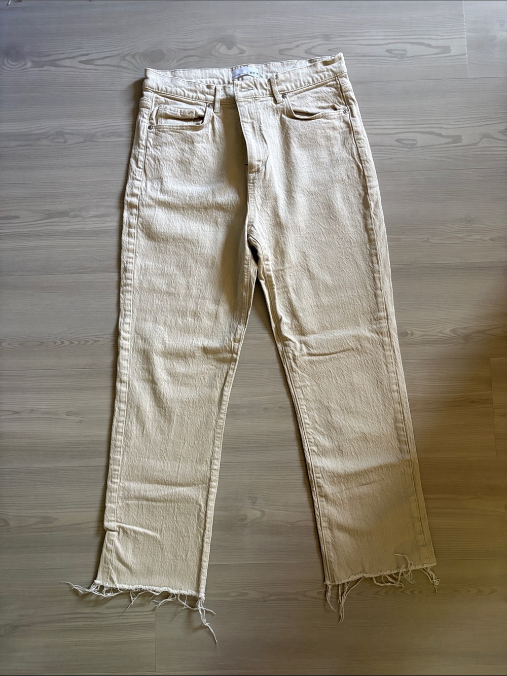 LOFT Cream Straight-Leg Jeans with Frayed Hem